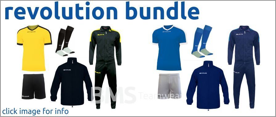 Revolution bundle of cycling apparel in yellow, black, blue, and navy with shorts, jackets, gloves, and socks.