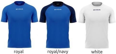 Three short-sleeve shirts in royal blue, royal/navy blue, and white on a white background.