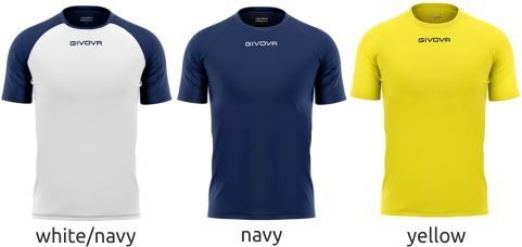 Three short-sleeve raglan shirts in white/navy, navy, and yellow on a white background
