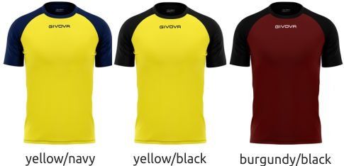 Three athletic shirts in yellow/navy, yellow/black, and burgundy/black colors