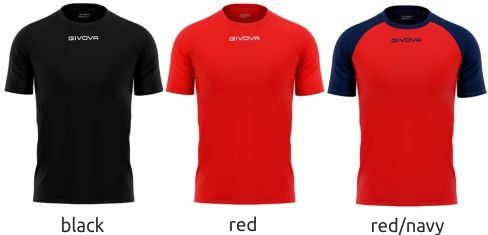 Three athletic shirts shown in black, red, and red/navy color options
