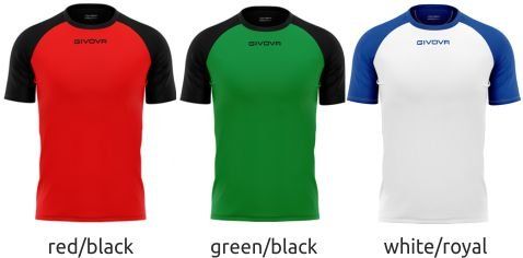 Three short-sleeve athletic shirts in red/black, green/black, and white/royal blue.