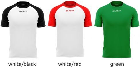 Three raglan T-shirts in white/black, white/red, and green, shown side by side.
