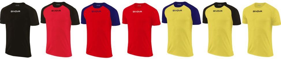 Lineup of six short-sleeve T-shirts in black, red, blue, and yellow with black shoulders
