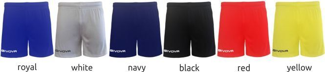 Five pairs of shorts in royal, white, navy, black, red, and yellow, lined up on a white background