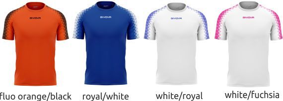 Four short-sleeve shirts in orange, blue, white, and white with pink accents on a white background.