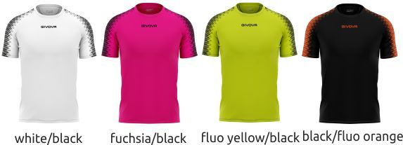 Four t-shirts in white/black, fuchsia/black, fluoro yellow/black, and black/fluoro orange.