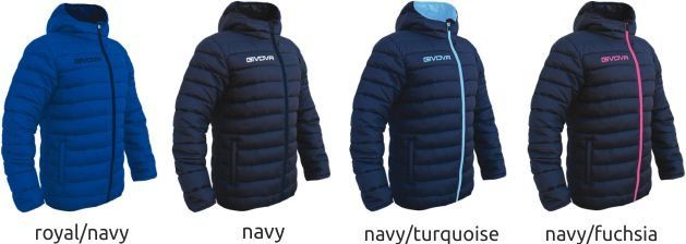 Four hooded jackets shown in royal/navy, navy, navy/turquoise, and navy/fuchsia colors.