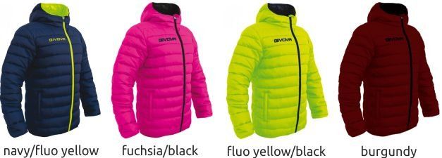Four puffer jackets in navy/yellow, fuchsia/black, lime/yellow/black, and burgundy.