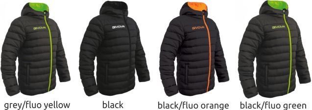 Four hooded puffer jackets in grey/fluo yellow, black, black/fluo orange, and grey/fluo green.