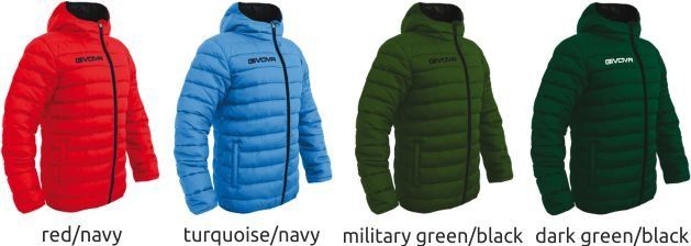 Four hooded puffer jackets in red, blue, olive green, and dark green with black accents