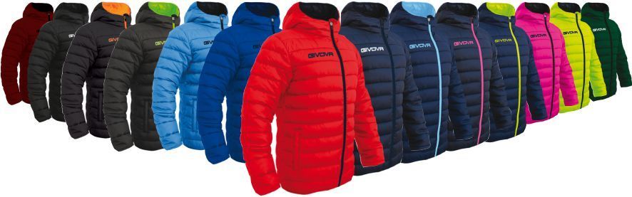 Row of colorful puffer jackets in black, blue, red, purple, pink, and green on a white background