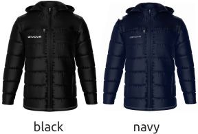 Two hooded puffer jackets shown side by side in black and navy, labeled by color.