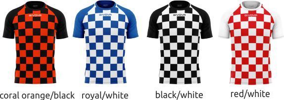 Four checkered soccer jerseys in coral orange/black, royal/white, black/white, and red/white.