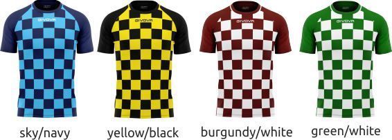 Four checkered short-sleeve jerseys in sky/navy, yellow/black, burgundy/white, and green/white.