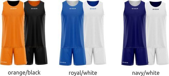Three sleeveless sportswear sets in orange/black, royal/white, and navy/white