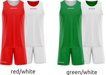 Two sports uniform sets: red/white and green/white sleeveless jerseys with matching shorts.