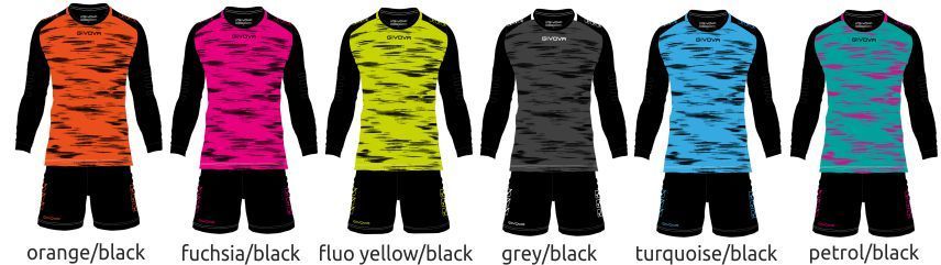 Five long-sleeve shirts in orange/black, fuchsia/black, yellow/black, gray/black, and blue/black with teal accents
