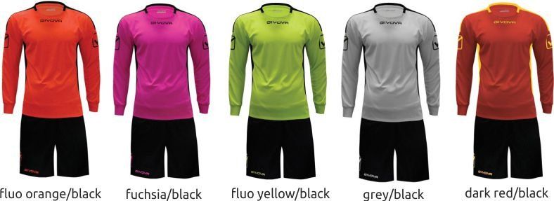 Five sports jerseys in orange-black, magenta-black, lime-black, gray-black, and red-black, side by side