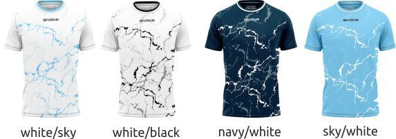 Four athletic shirts in white/sky, white/black, navy/white, and sky/white camouflage patterns