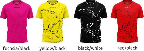 Four T-shirts in fuchsia/black, yellow/black, black/white, and red/black with abstract marbled designs