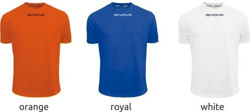 Three T-shirts shown in orange, royal blue, and white, labeled by color.