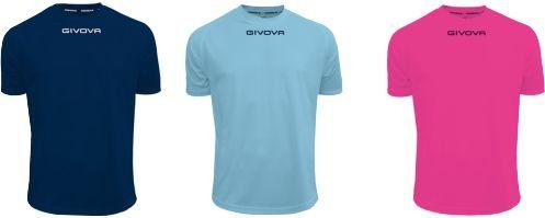 Three T-shirts in navy blue, light blue, and pink, shown front and back on a white background