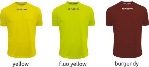 Three T-shirts shown in yellow, fluo yellow, and burgundy.