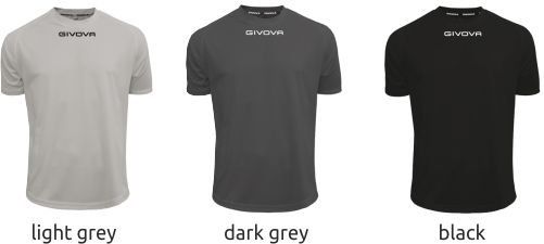 Three T-shirts shown in light grey, dark grey, and black.