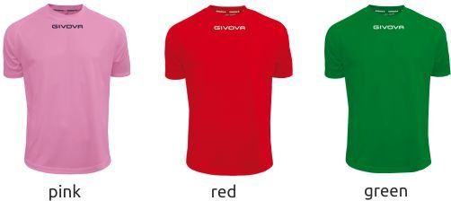 Three T-shirts in pink, red, and green on a white background
