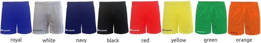 Eight pairs of shorts in royal, white, navy, black, red, yellow, green, and orange.