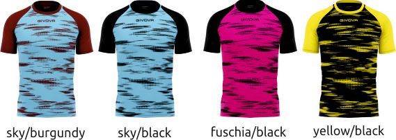 Four short-sleeve shirts in sky/burgundy, sky/black, fuchsia/black, and yellow/black camouflage patterns
