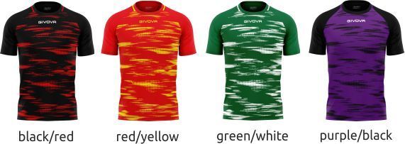 Four athletic shirts in black/red, red/yellow, green/white, and purple/black colorways