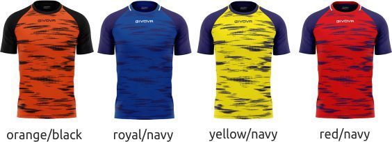 Four athletic shirts in orange/black, royal/navy, yellow/navy, and red/navy