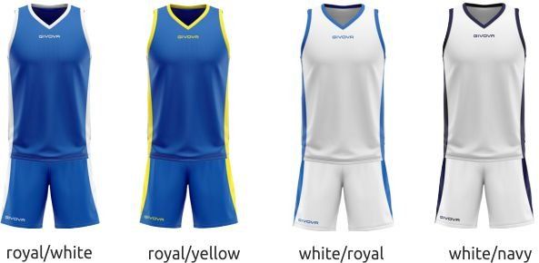 Four sleeveless basketball jerseys in royal/white, royal/yellow, white/royal, and white/navy colorways