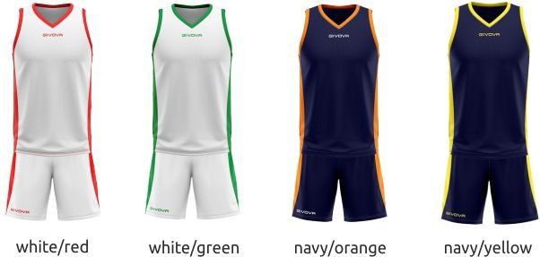 Four sleeveless athletic uniforms in white/red, white/green, navy/orange, and navy/yellow.