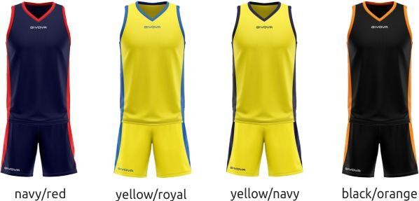 Four basketball uniforms in navy/red, yellow/royal, yellow/navy, and black/orange colors
