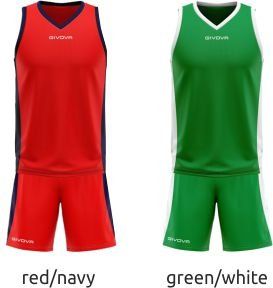 Two sleeveless sports uniforms shown side by side: red/navy and green/white.
