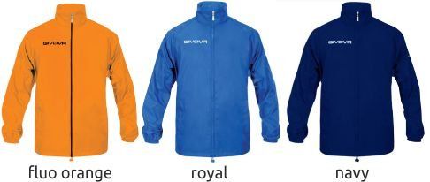 Three jackets in fluo orange, royal blue, and navy blue on a white background.