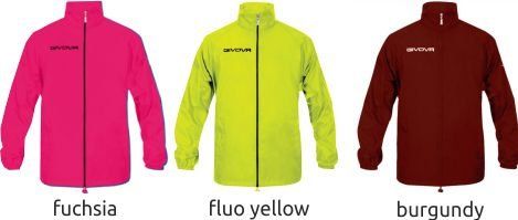 Three zip-up jackets in fuchsia, fluo yellow, and burgundy, displayed side by side.