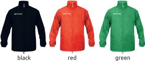 Three jackets in black, red, and green, labeled by color.