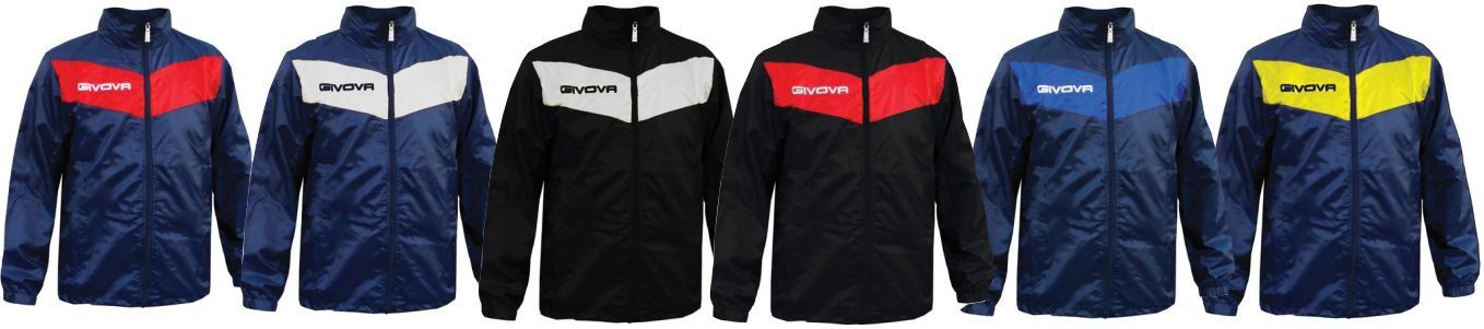 Five men’s jackets in navy, black, red, and blue color combinations, displayed in a row.