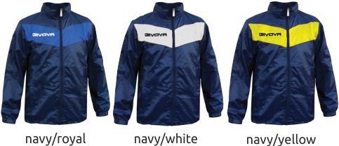 Three navy zip-up jackets with white, royal blue, and yellow chest panels and sleeves
