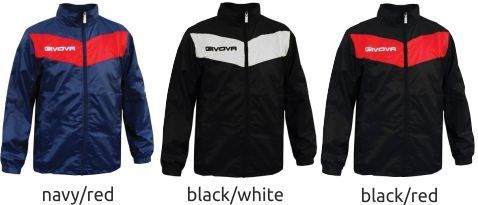 Three men's jackets in navy/red, black/white, and black/red colorways