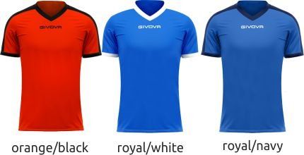 Three athletic jerseys in orange/black, royal/white, and royal/navy with V-neck collars.
