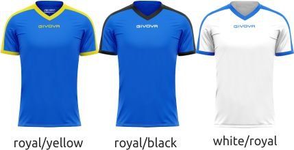 Three jersey color options: royal/yellow, royal/black, and white/royal.