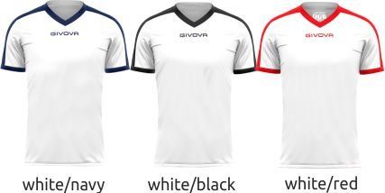 Three white cycling jerseys shown in white/navy, white/black, and white/red colorways.