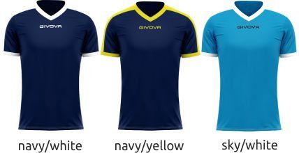Three athletic shirts in navy/white, navy/yellow, and sky/white colorways on a white background
