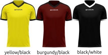 Three sports jerseys shown in yellow/black, burgundy/black, and black/white color options.