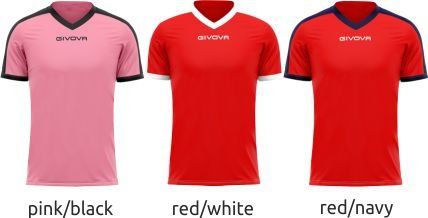 Three athletic shirts shown in pink/black, red/white, and red/navy colorways.